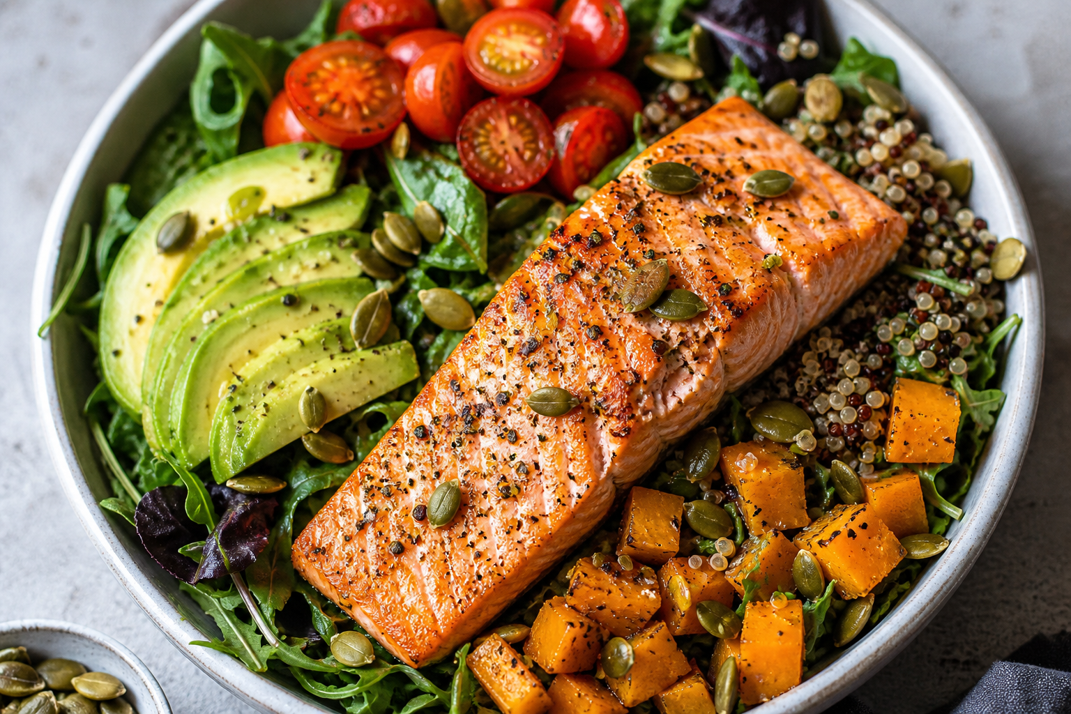 Salmon, Avocado & Pumpkin Seed Power Bowl